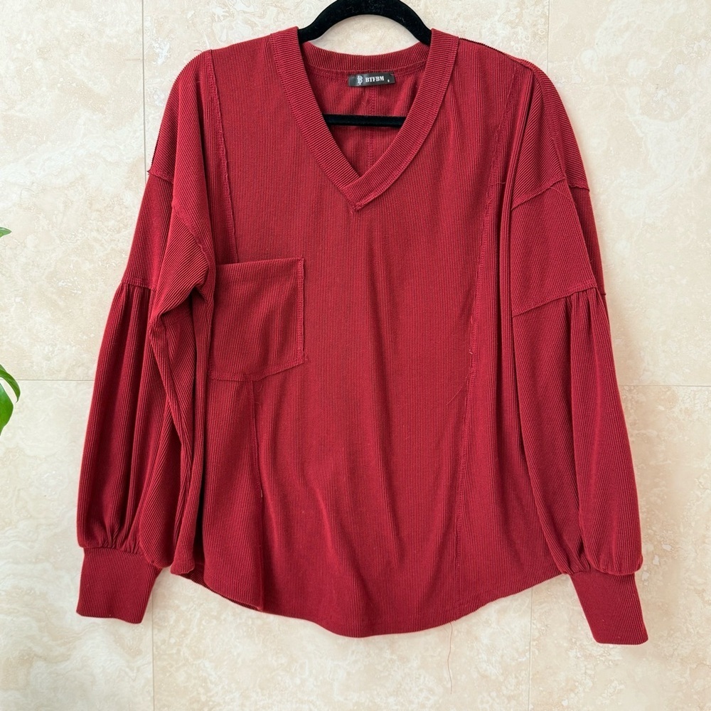 BTFBM Burgundy Corduroy Balloon Sleeve Top V-Neck Pocket Oversized Small